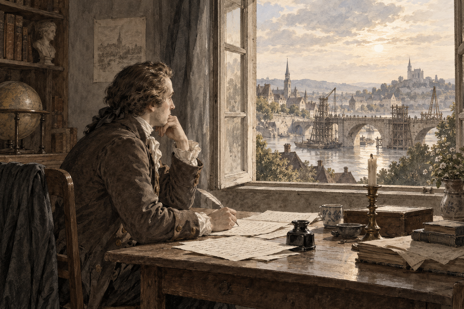 Interpretive illustration of an eighteenth-century thinker at a desk overlooking a town and a bridge under construction.