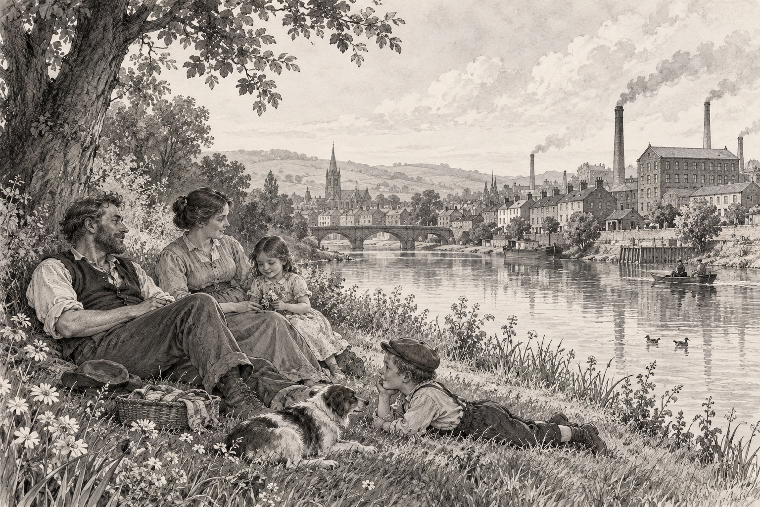An imagined nineteenth-century worker and family resting beside a river with an industrial town in the distance.