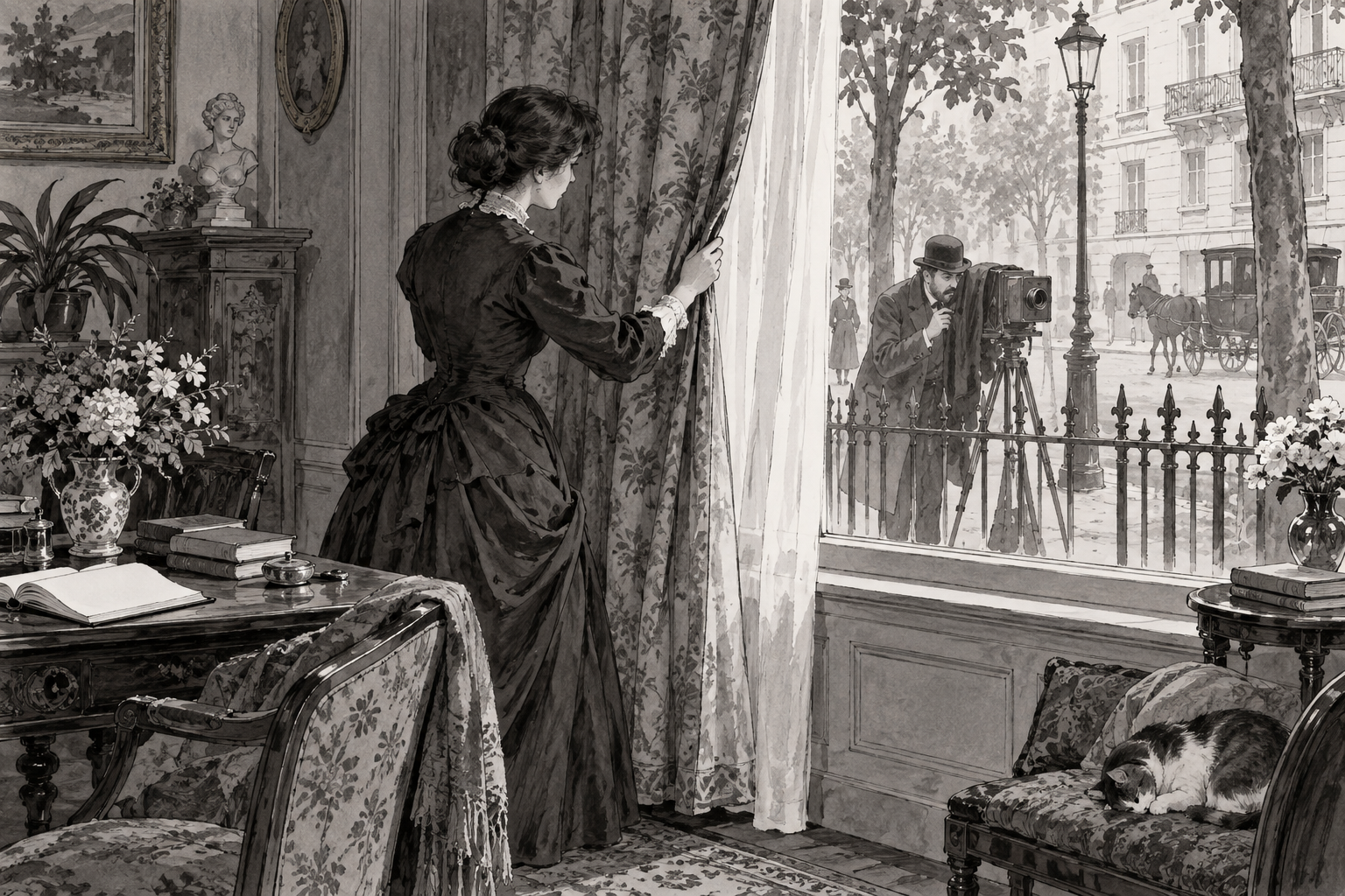 A person drawing curtains at home while a photographer stands in the street outside.