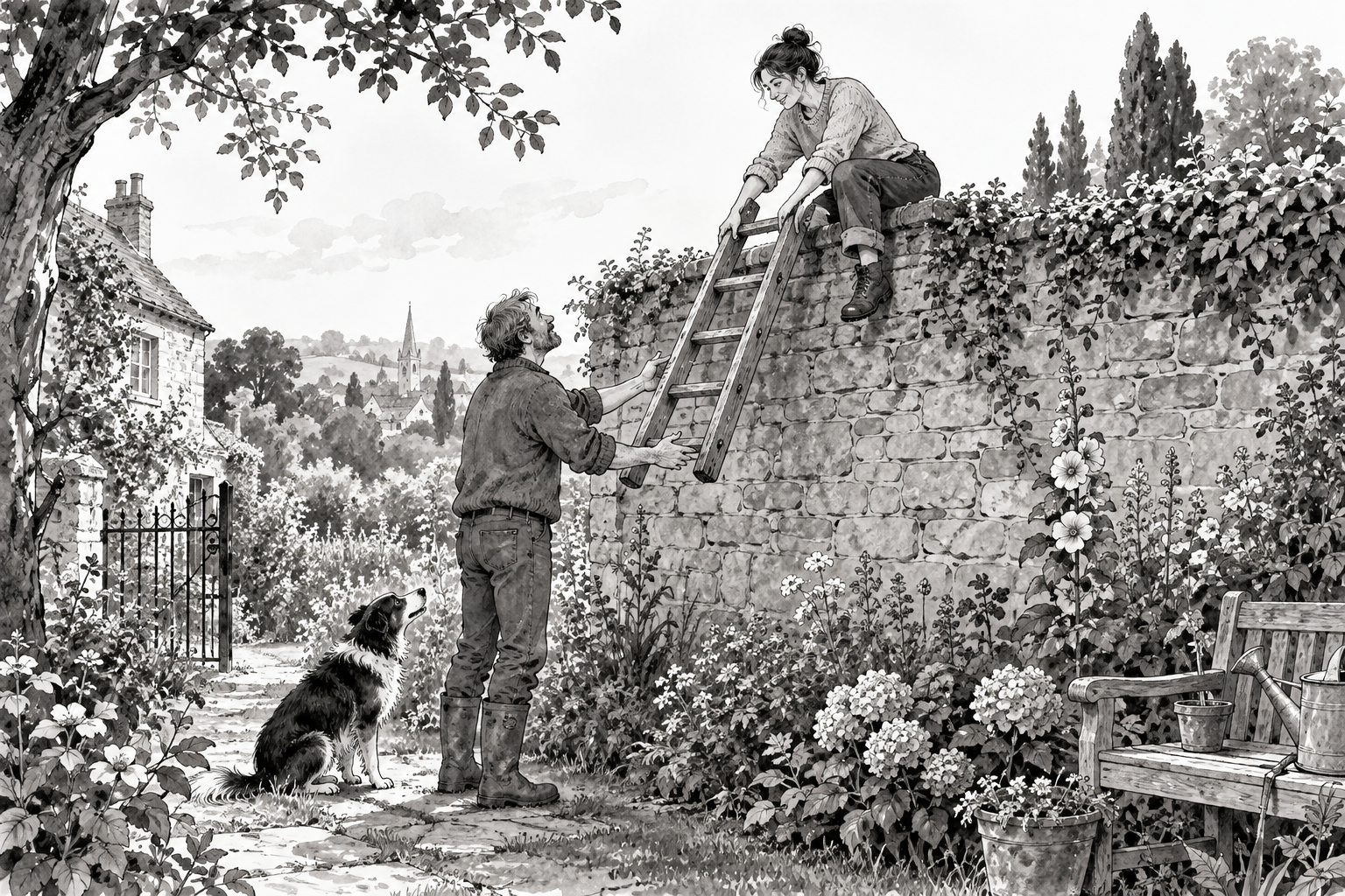 A person at the top of a garden wall turns to pass a wooden ladder to someone waiting below.