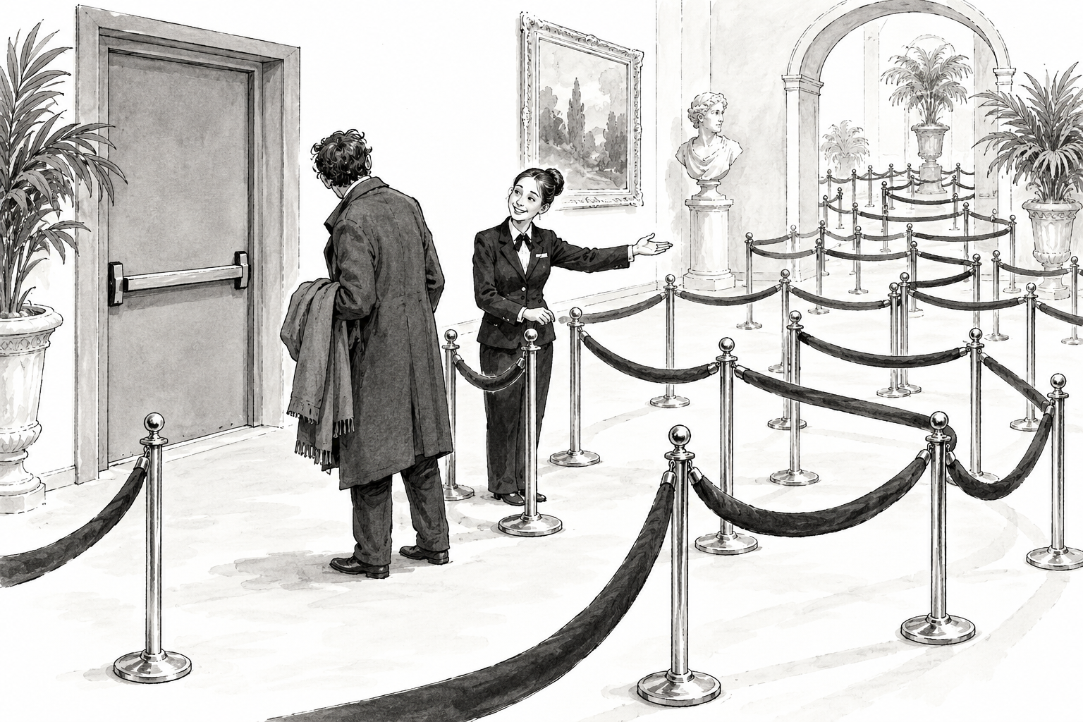 A person ready to leave faces looping velvet ropes while a smiling attendant gestures towards another circuit near a closed exit door.