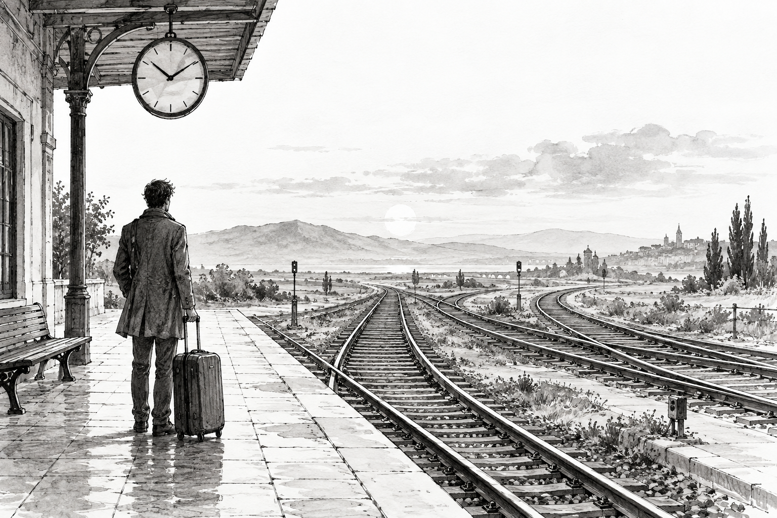 A traveller with a suitcase stands on a railway platform, looking towards tracks that branch into the distance.