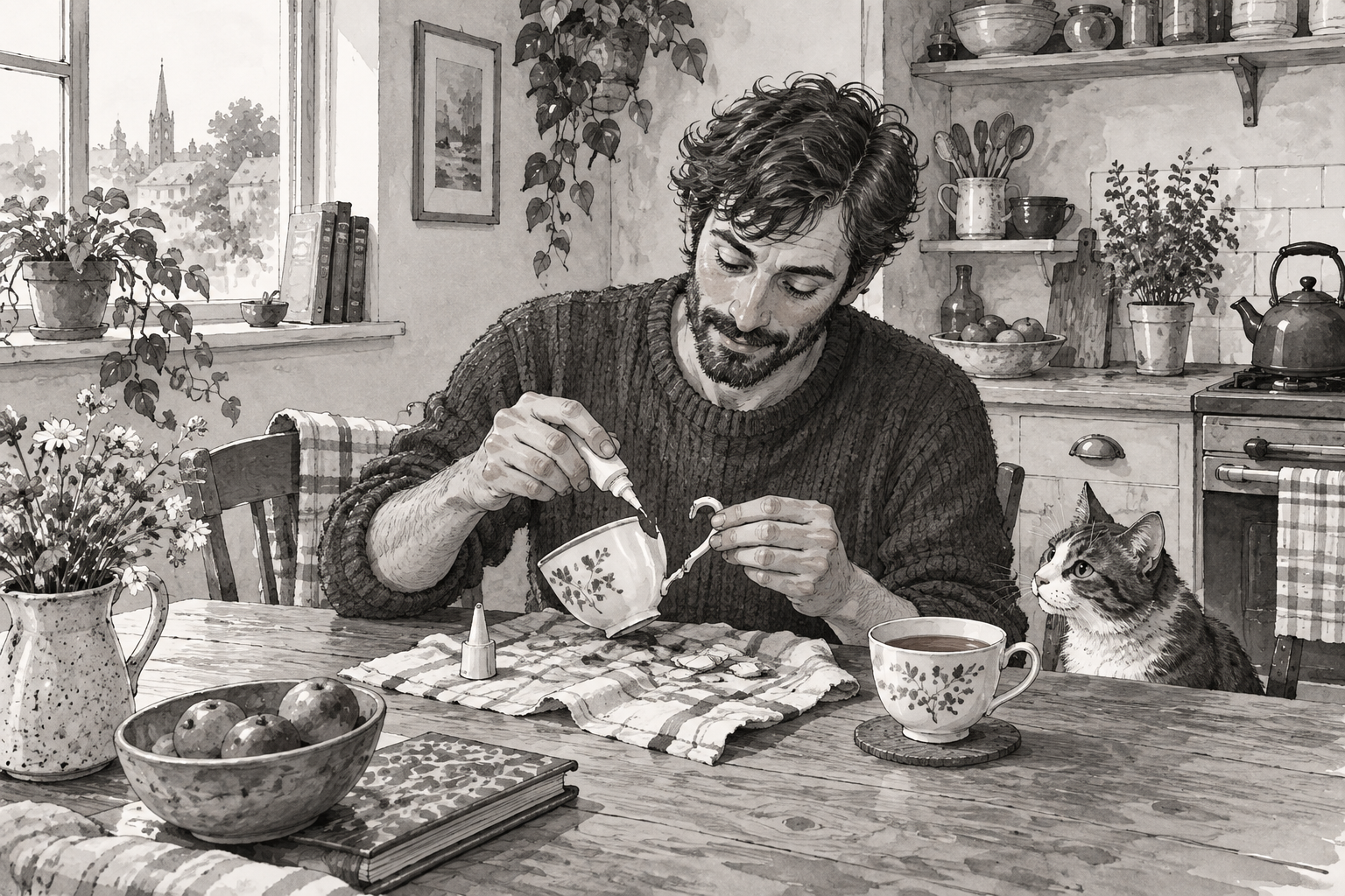 At a kitchen table, a person carefully repairs the handle of a ceramic cup beside another cup of tea.